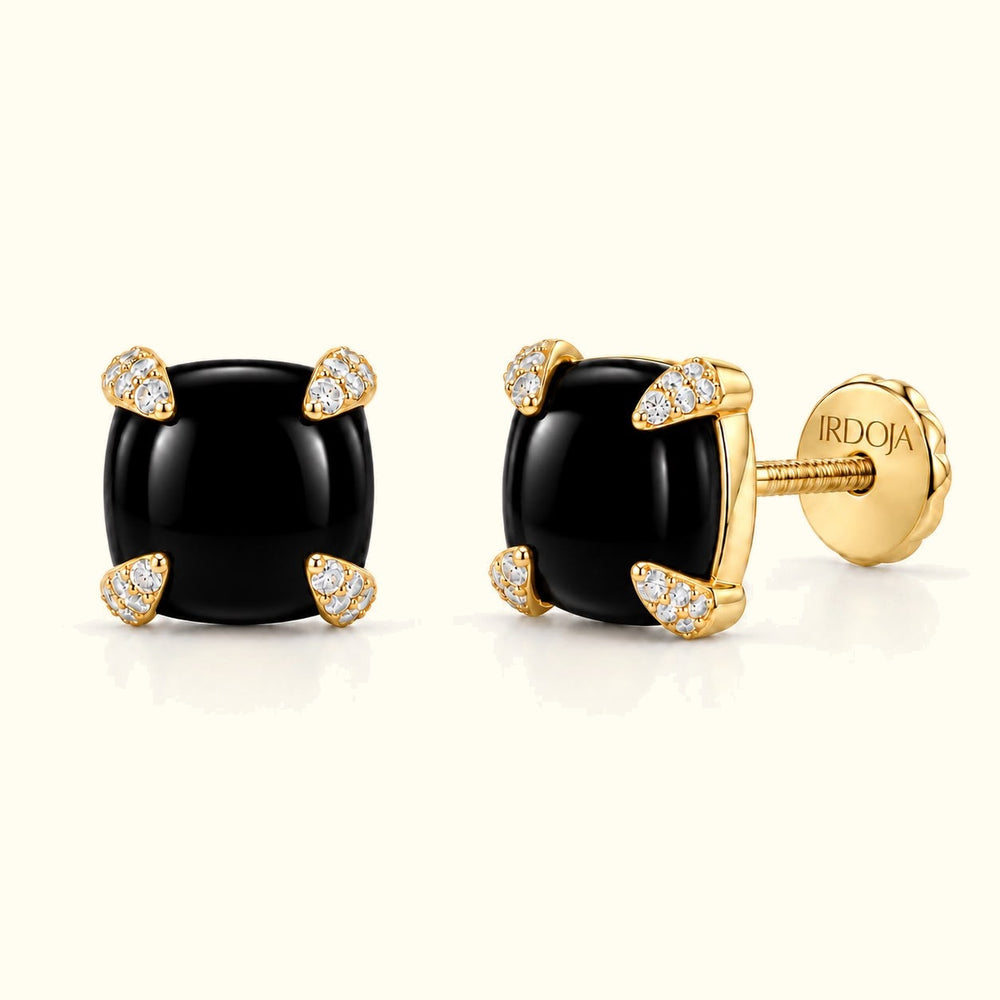 Bloom amulet stud earrings in black onyx, solid 18K yellow gold with screw backs
