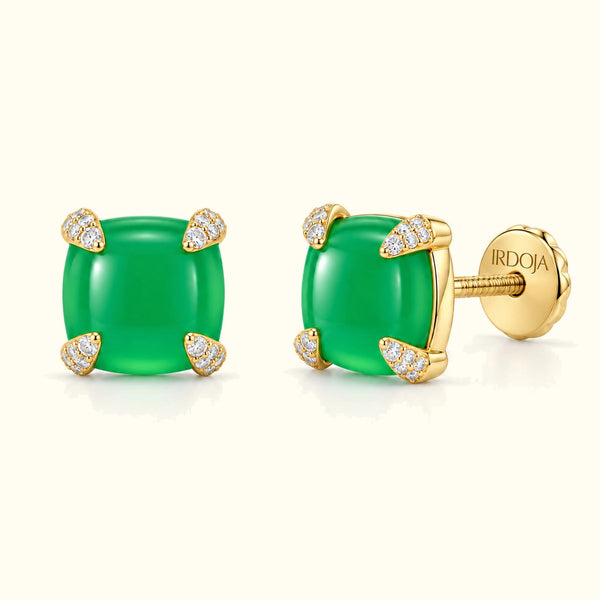 Bloom amulet stud earrings in green jade, solid 18K yellow gold with screw backs