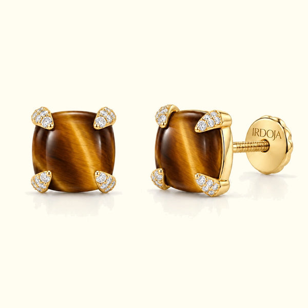 Bloom amulet stud earrings in tiger's eye, solid 18K yellow gold with screw backs