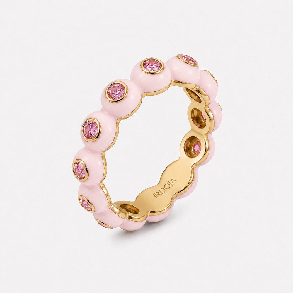 Irdoja Bubble eternity band in blush enamel with bezel-set lab-created pink sapphires, yellow gold