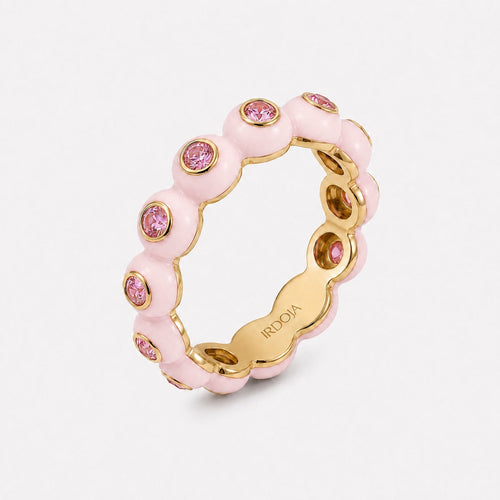 Irdoja Bubble eternity band in blush enamel with bezel-set lab-created pink sapphires, yellow gold