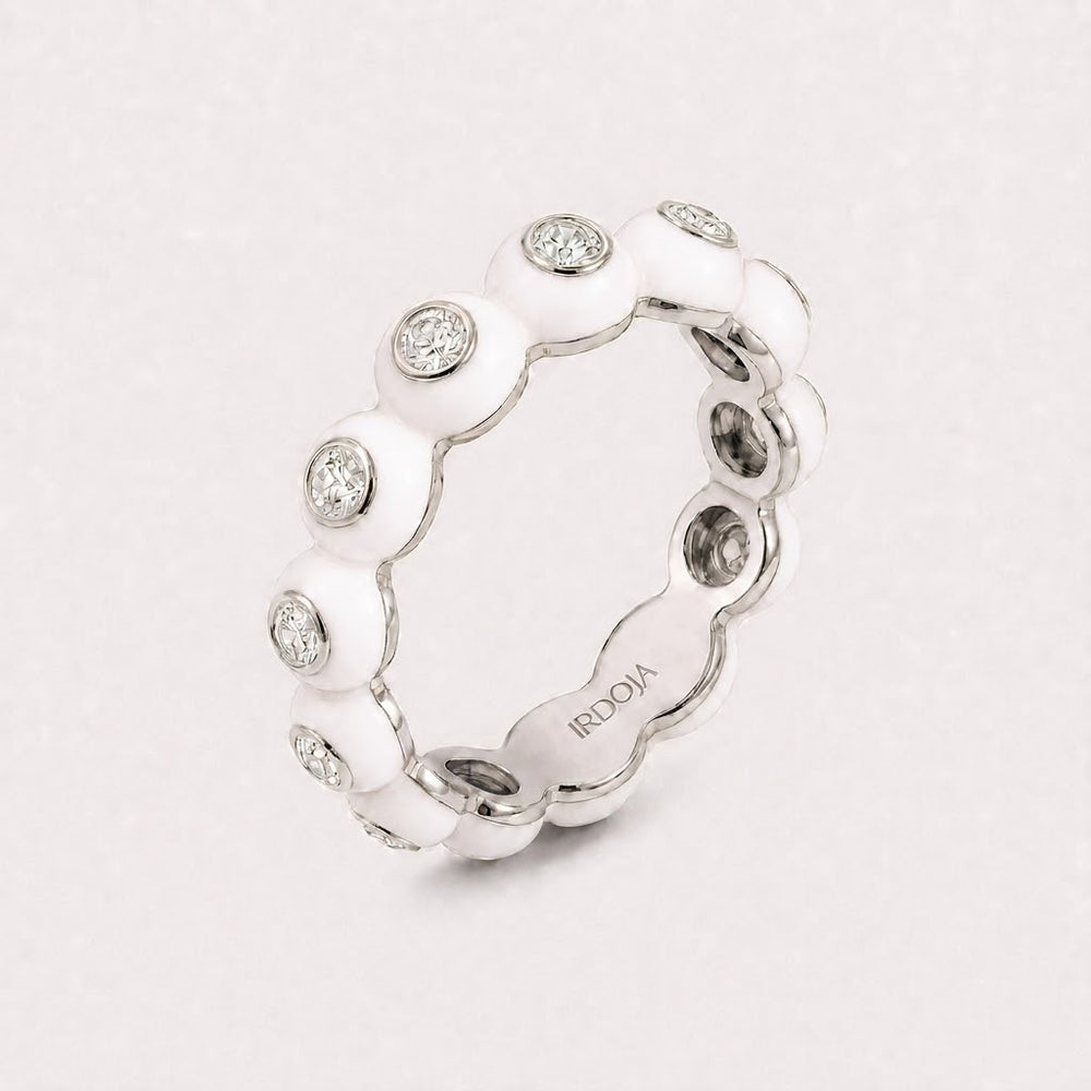 Irdoja Bubble eternity band in Club White enamel with bezel-set lab-grown diamonds, yellow gold