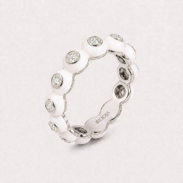 Irdoja Bubble eternity band in Blanc enamel, platinum, with bezel-set diamonds.