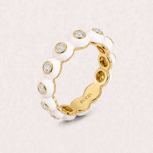 Irdoja Bubble eternity band in Club White enamel with bezel-set lab-grown diamonds, yellow gold