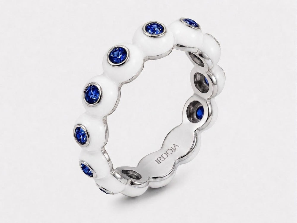 Irdoja Bubble eternity band in Blue September, white enamel with natural royal blue sapphires, yellow gold.