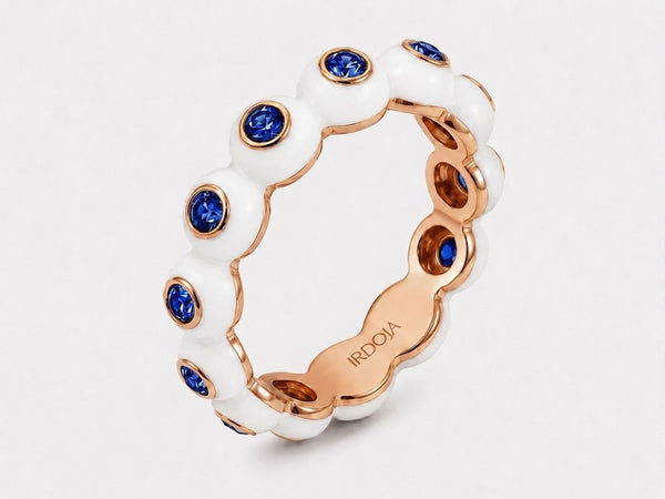 Irdoja Bubble eternity band in Blue September enamel, rose gold, with natural royal blue sapphires.