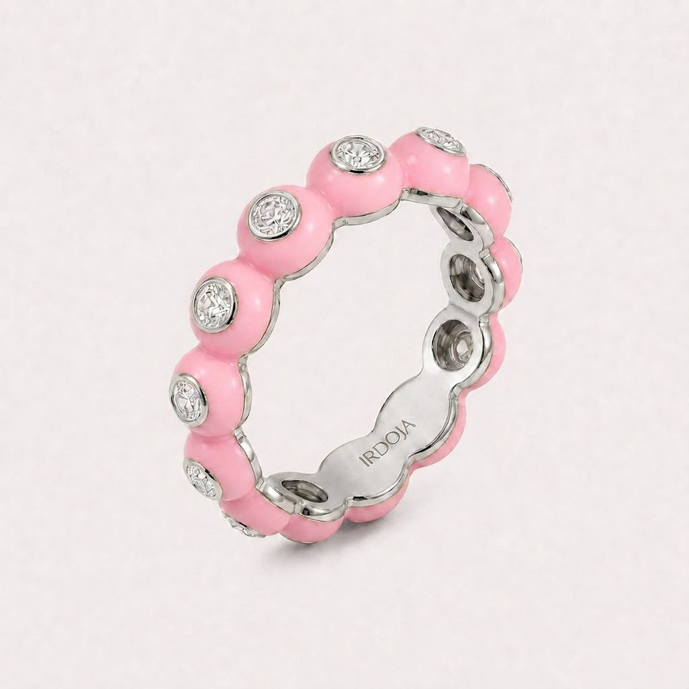 Irdoja Bubble eternity band in Palm Beach pink enamel with bezel-set lab-grown diamonds, yellow gold