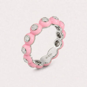 Irdoja Bubble eternity band in Bubble Pink enamel, platinum, with bezel-set diamonds.