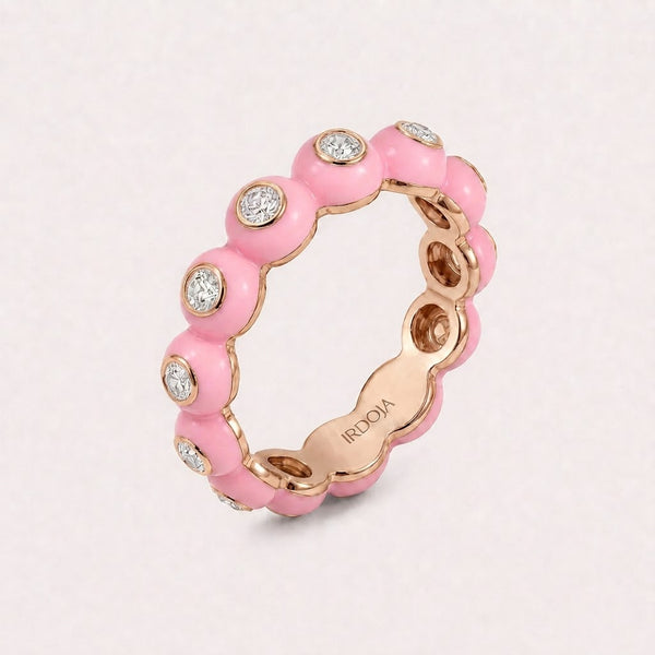 Irdoja Bubble eternity band in Bubble Pink enamel, rose gold, with bezel-set diamonds.