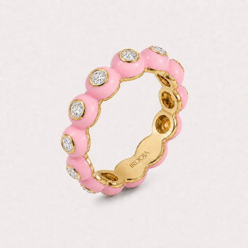 Irdoja Bubble eternity band in Palm Beach pink enamel with bezel-set lab-grown diamonds, yellow gold