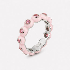 Irdoja Bubble eternity band in Candy Pink enamel, platinum, with bezel-set pink sapphires.