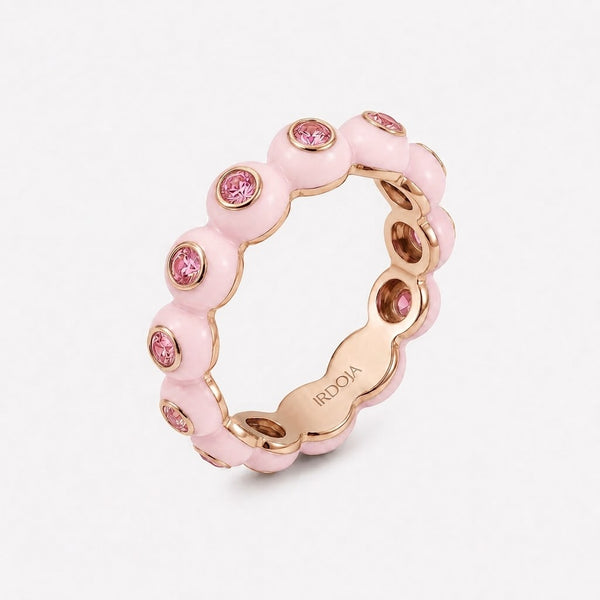 Irdoja Bubble eternity band in Candy Pink enamel, rose gold, with bezel-set pink sapphires.