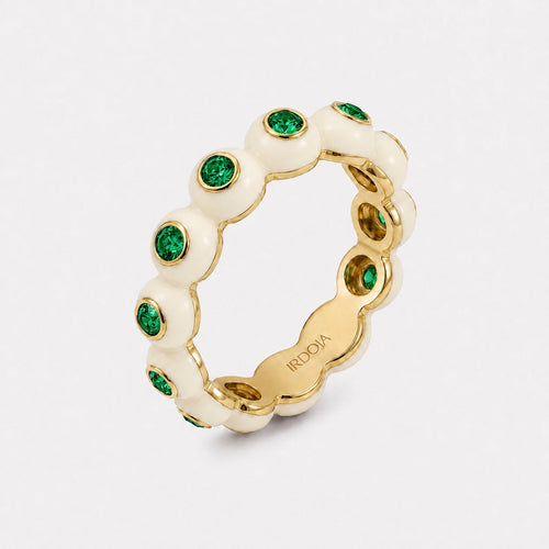 Irdoja Bubble eternity band in ivory enamel with bezel-set lab-created emeralds, yellow gold