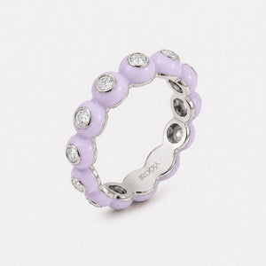 Irdoja Bubble eternity band in Lavender Dream enamel, platinum, with bezel-set diamonds.