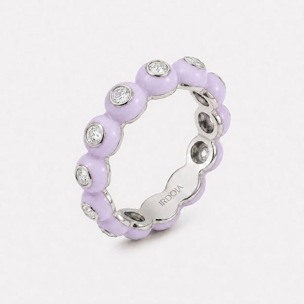 Irdoja Bubble eternity band in Lavender Dream enamel, platinum, with bezel-set diamonds.