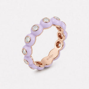 Irdoja Bubble eternity band in Lavender Dream enamel, rose gold, with bezel-set diamonds.