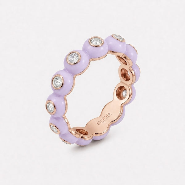 Irdoja Bubble eternity band in Lavender Dream enamel, rose gold, with bezel-set diamonds.