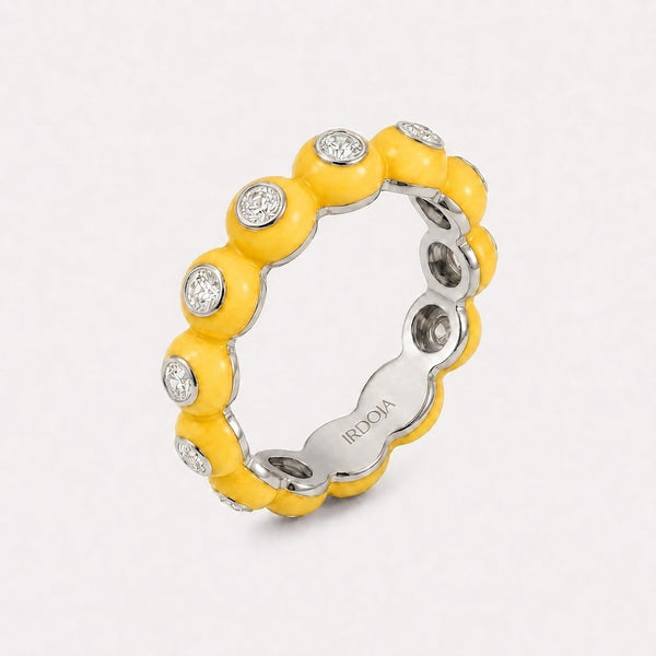 Irdoja Bubble eternity band in Lemonade enamel, platinum, with bezel-set diamonds.