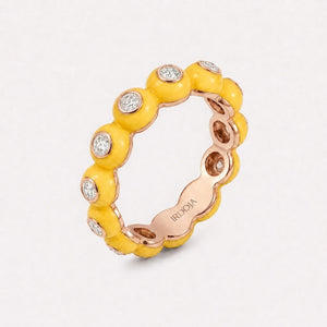 Irdoja Bubble eternity band in Lemonade enamel, rose gold, with bezel-set diamonds.