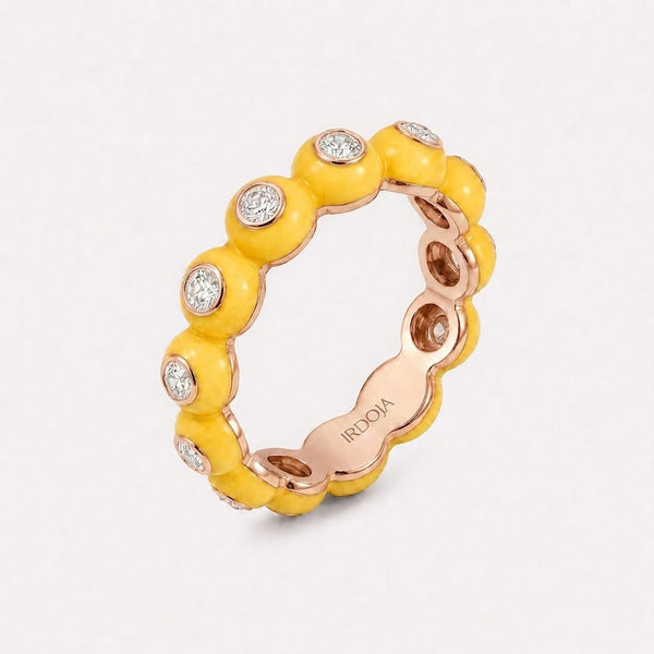 Irdoja Bubble eternity band in Lemonade enamel, rose gold, with bezel-set diamonds.