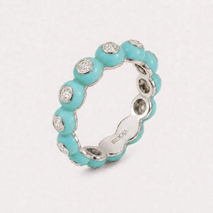 Irdoja Bubble eternity band in Ocean Teal enamel, platinum, with bezel-set diamonds.