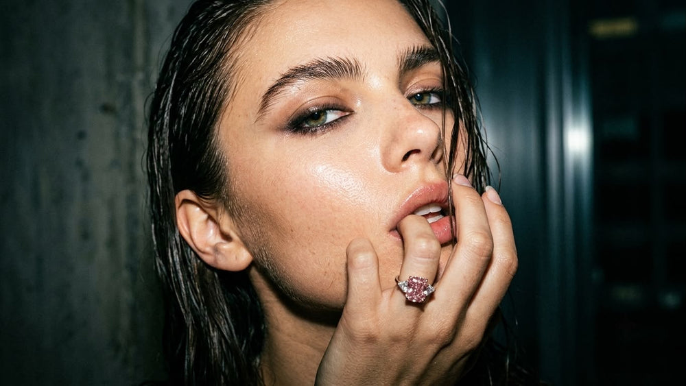 The Pink Radiance Ring, a 5ct cushion-cut fancy pink lab-grown diamond between two trillion-cut lab diamonds in platinum