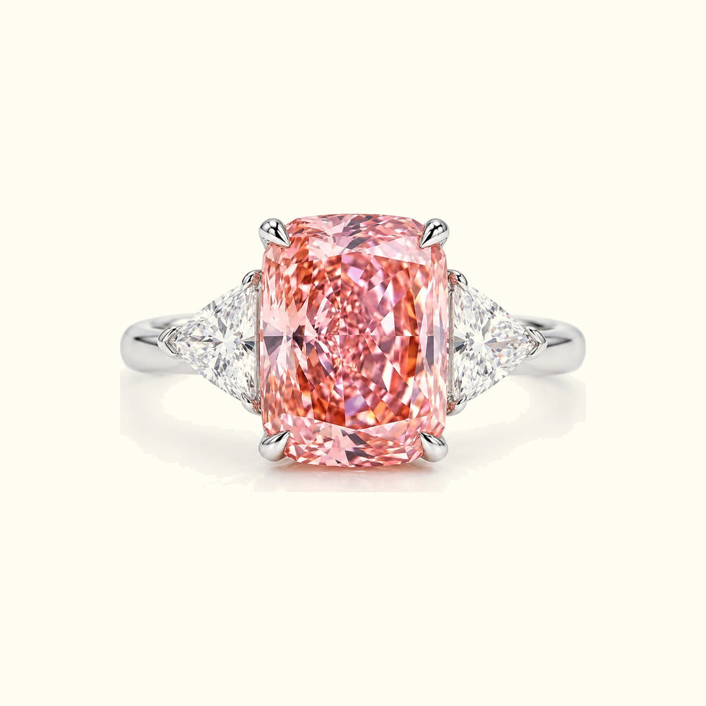 The Pink Radiance Ring, a 5ct cushion-cut fancy pink lab-grown diamond between two trillion-cut lab diamonds in platinum