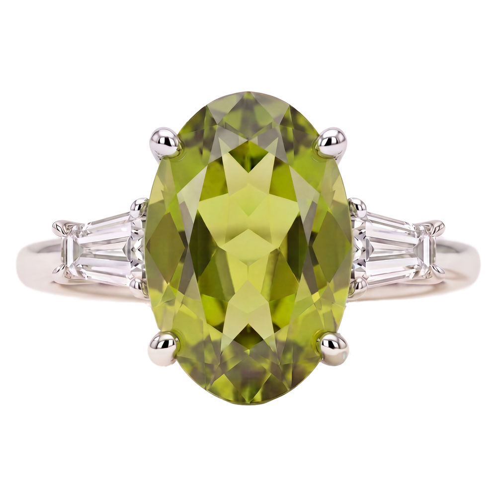 Oval peridot ring in platinum with tapered baguette diamonds