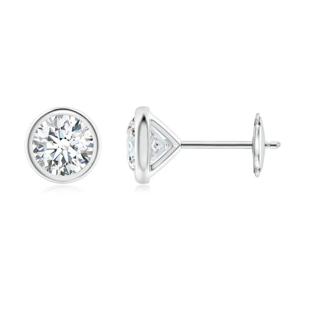 Lab-Grown Bezel-Set Diamond Martini Stud Earrings in 14K white gold, featuring 1.00 carat round diamonds.