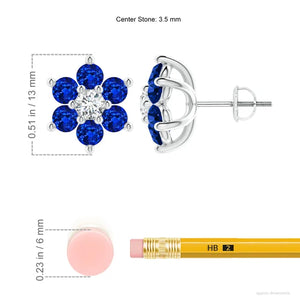 Lab-Grown Blue Sapphire & Diamond Flower Stud Earrings with dimensions and features displayed.
