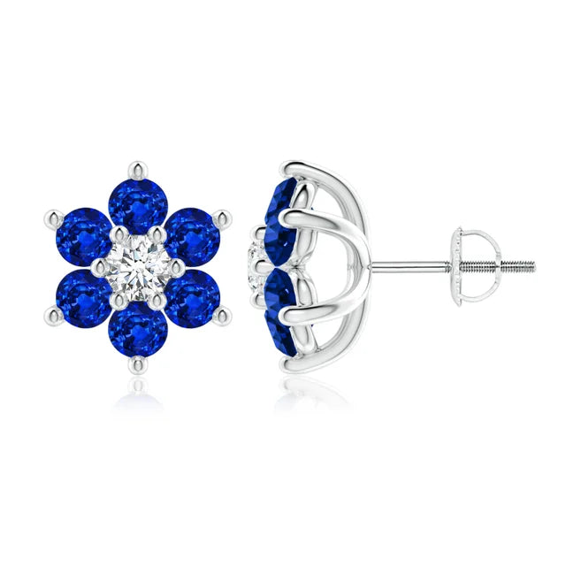 Lab-Grown Blue Sapphire & Diamond Flower Stud Earrings showcasing blue sapphires and a white diamond in a floral design.