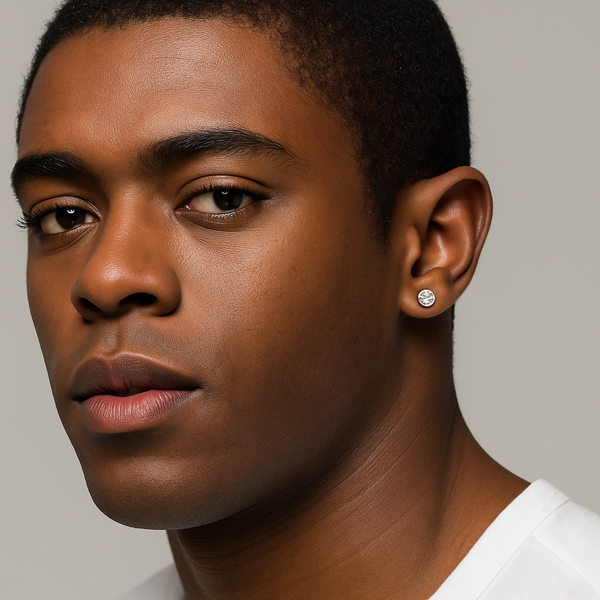 A close-up portrait of a man wearing Lab-Grown Bezel-Set Diamond Martini Stud Earrings.