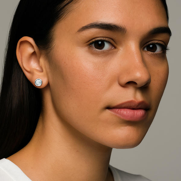 Lab-Grown Bezel-Set Diamond Martini Stud Earrings worn by a model, highlighting their contemporary design and brilliance.