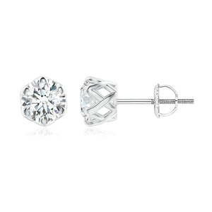 Lab-Grown Six Prong-Set Diamond Solitaire Filigree Stud Earrings showcasing round brilliant-cut diamonds.