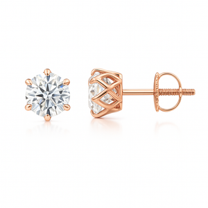 Lab-Grown Six Prong-Set Diamond Solitaire Filigree Stud Earrings in rose gold with brilliant-cut diamonds.
