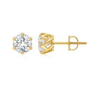 Lab-Grown Six Prong-Set Diamond Solitaire Filigree Stud Earrings in 18K gold with round brilliant-cut diamonds.
