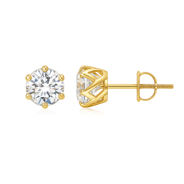 Lab-Grown Six Prong-Set Diamond Solitaire Filigree Stud Earrings in 18K gold with round brilliant-cut diamonds.