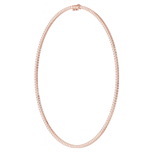 Lab-grown diamond tennis necklace in 14K rose gold, 16" length, featuring a delicate design and E VVS clarity.