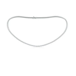 Lab-grown diamond tennis necklace in 18K white gold, 16" length, featuring flawless E VVS diamonds.