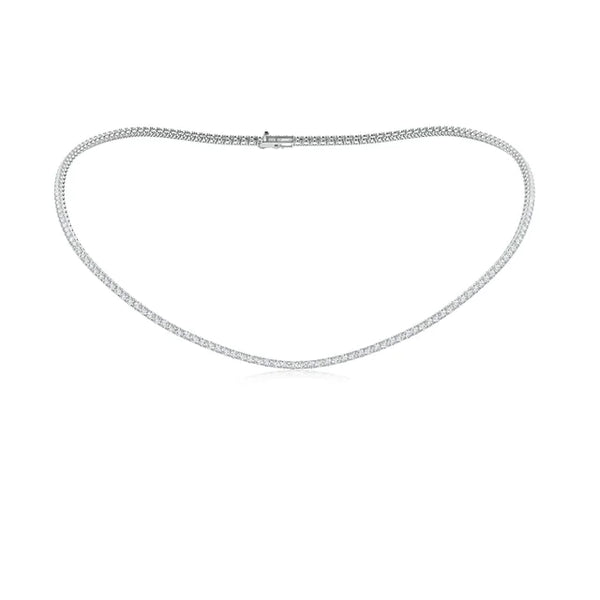 Lab-grown diamond tennis necklace in 18K white gold, 16" length, featuring flawless E VVS diamonds.