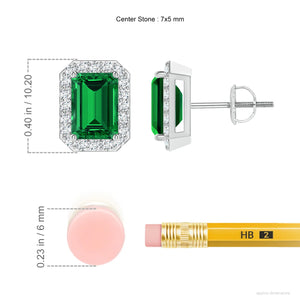 Lab-Grown Emerald-Cut Emerald Stud Earrings with Lab Diamond Halo showcasing the emerald and lab-grown diamond details.