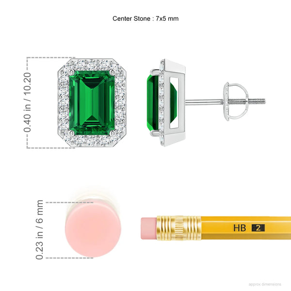 Lab-Grown Emerald-Cut Emerald Stud Earrings with Lab Diamond Halo showcasing the emerald and lab-grown diamond details.