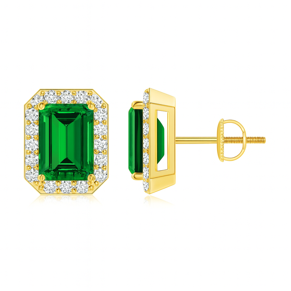 Lab-Grown Emerald-Cut Emerald Stud Earrings with Lab Diamond Halo showcasing vibrant green emeralds.