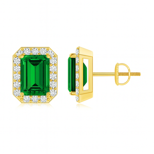 Lab-Grown Emerald-Cut Emerald Stud Earrings with Lab Diamond Halo showcasing vibrant green emeralds.
