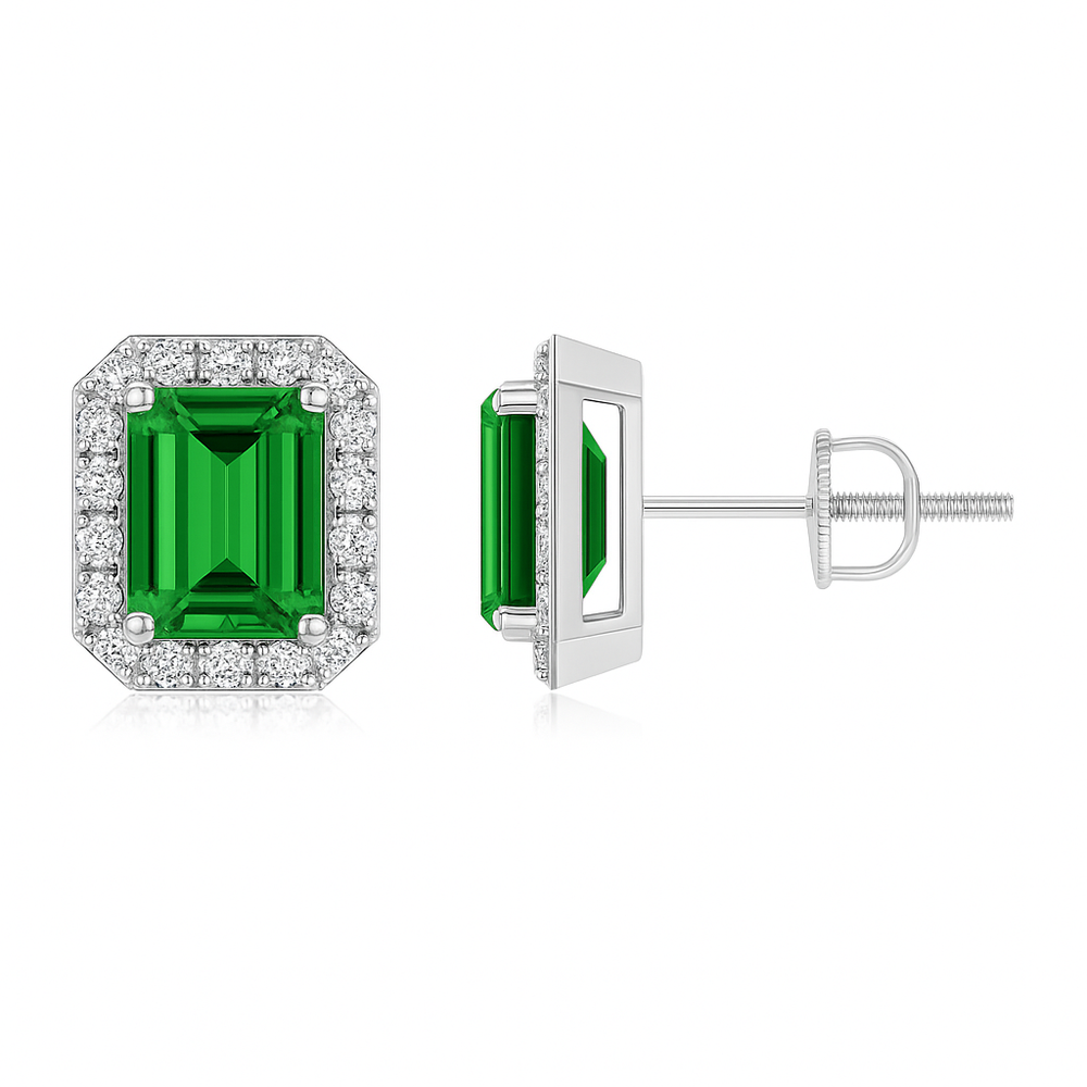 Lab-Grown Emerald-Cut Emerald Stud Earrings with Lab Diamond Halo showcasing vibrant green emeralds.