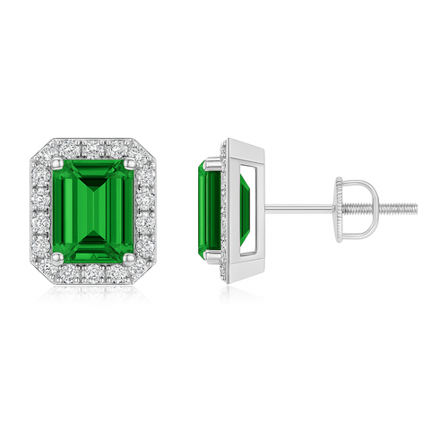 Lab-Grown Emerald-Cut Emerald Stud Earrings with Lab Diamond Halo showcasing vibrant green emerald and sparkling lab diamonds.