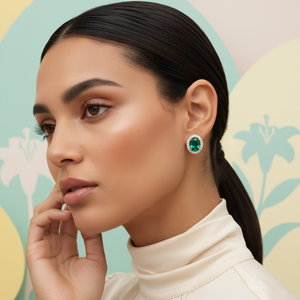 Lab-Grown Emerald Halo Stud Earrings with Diamonds worn elegantly by a model, showcasing vibrant color and sophistication.