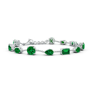 Lab-Grown Emerald Multi-Shape Bracelet 6.50 tcw featuring vibrant emerald stones in various cuts against a silver chain.