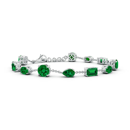 Lab-Grown Emerald Multi-Shape Bracelet 6.50 tcw featuring vibrant emerald stones in various cuts against a silver chain.