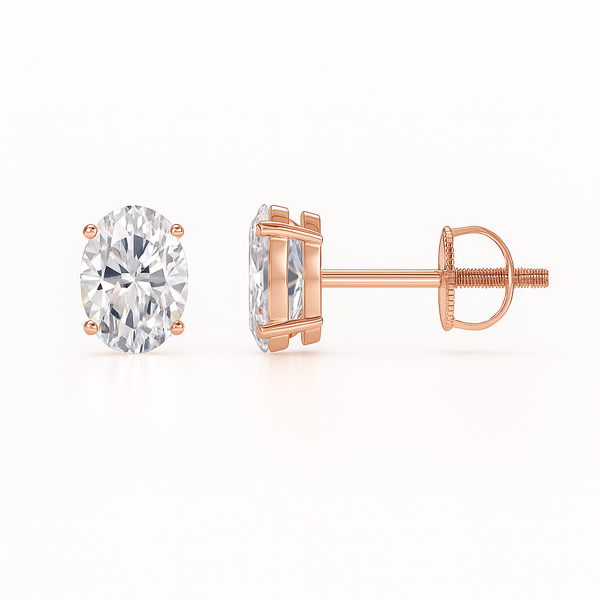 Lab-Grown Oval Diamond Solitaire Stud Earrings in rose gold showcase exceptional brilliance and elegant design.